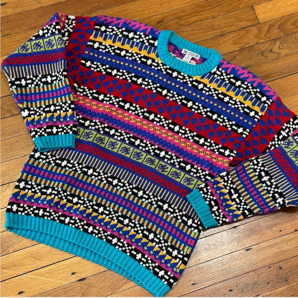 One Step Ahead Blue and Red Crewneck Sweater Vibrant Fair Isle Design
